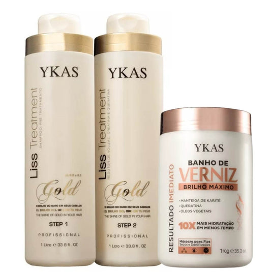Kit Ykas Escova Progressiva Ouro 2x1 Litro + Ykas Verniz Máscara 1 Kg